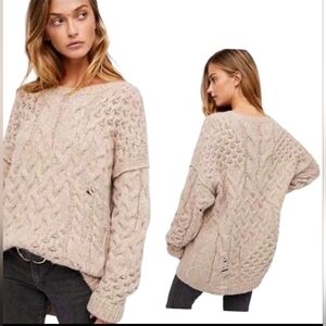 Free People Tan Distressed Alpaca Wool Blend Chunky Knit Sweater - Size S